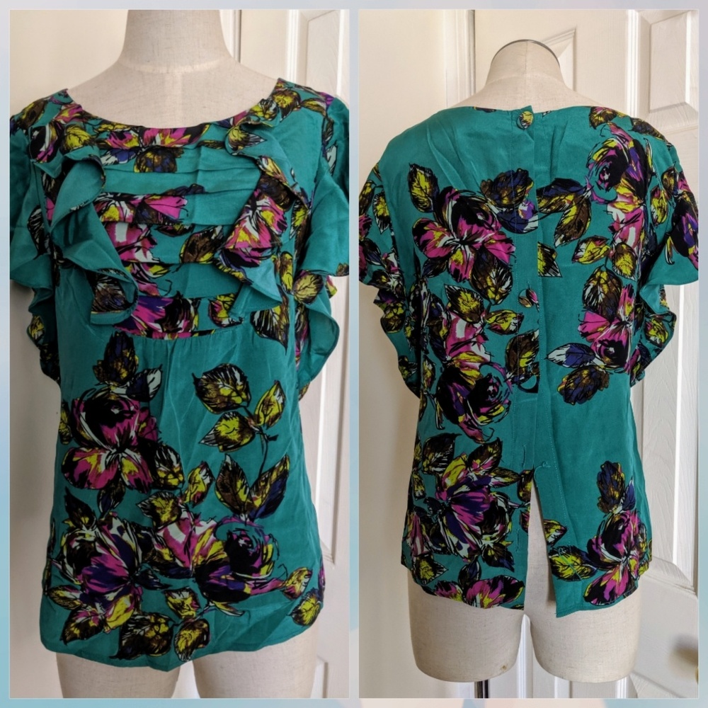Postella Anthropologie floral teal silk blouse